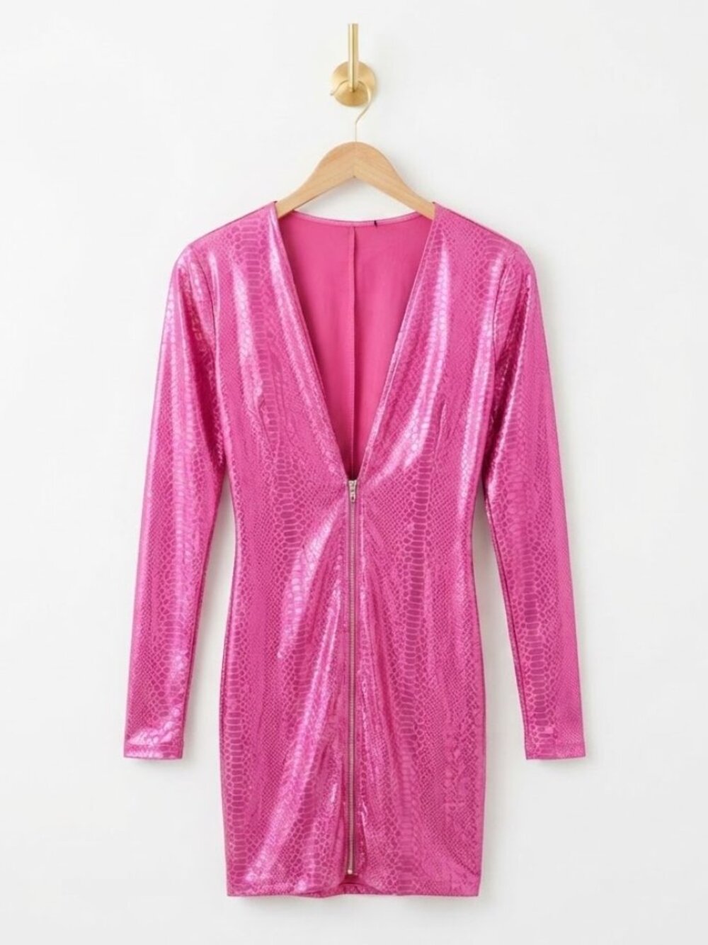 Bodycon Dress Small Hot Pink Metallic Snake Print Zip Front Clubwear Party
